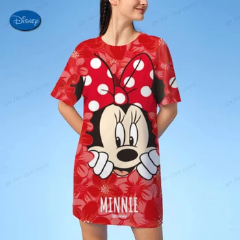 Летняя футболка Disney, платья с принтом Микки Мауса, Женские Повседневные Свободные топы, Домашняя одежда, Базовый халат с коротким рукавом, Vestidos