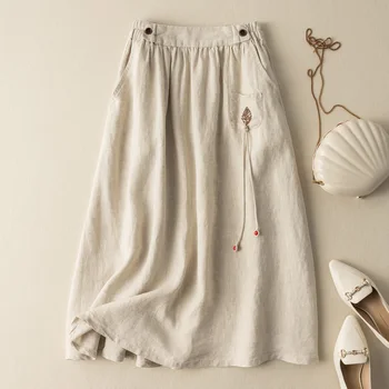 Хлопчатобумажная льняная однотонная юбка-полукомбинезон с высокой талией, женская летняя новинка 2023 года, литературный темперамент в стиле ретро, свободная повседневная юбка средней длины
